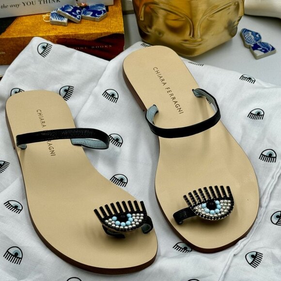 🆕 CHIARA FERRAGNI 🧿 NWOT Flirting Leather Toe Ring Sandal, Black - Sz 36 - Picture 3 of 16